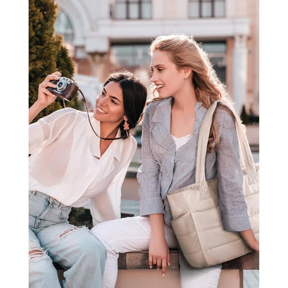 Women Beige Lightweight Puffy Tote Bag for Travel Beach Gym With Multi-pocket - Picture 5 of 7